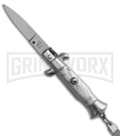 SKM 4" Italian Stiletto Grey Automatic Knife Keychain - Flat Grind