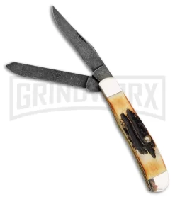 Bear & Son Mini Trapper Genuine India Stag Pocket Knife - Damascus Plain