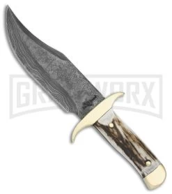 Fox-N-Hound Baby Bowie Stag Fixed Blade Knife - Damascus Plain
