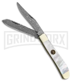Hen & Rooster Small Damascus Trapper Mother Of Pearl Pocket Knife
