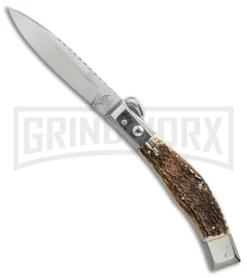 Lepre 10' Stag Horn Picklock Automatic Knife Fileworked - Satin Plain