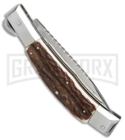 Lepre 10' Stag Horn Picklock Automatic Knife Fileworked - Satin Plain -Knives Sale Online Shop lepre 10in stag horn fileworked BP 18831 er side large