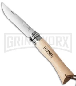 Opinel Knives No. 7 Beech Wood Folding Knife W/ Lanyard - Stainless Steel Plain