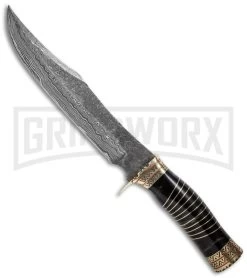Tallen Damascus Bowie #1 Brass Inlay Fixed Blade Knife - Damascus Plain