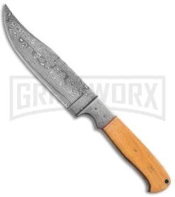 Tallen Damascus Hunter #3 Filework Wood Fixed Blade Knife - Damascus Plain