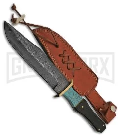 Tallen Oversight Bowie Black Horn/Turquoise Fixed Blade Knife - Damascus Plain
